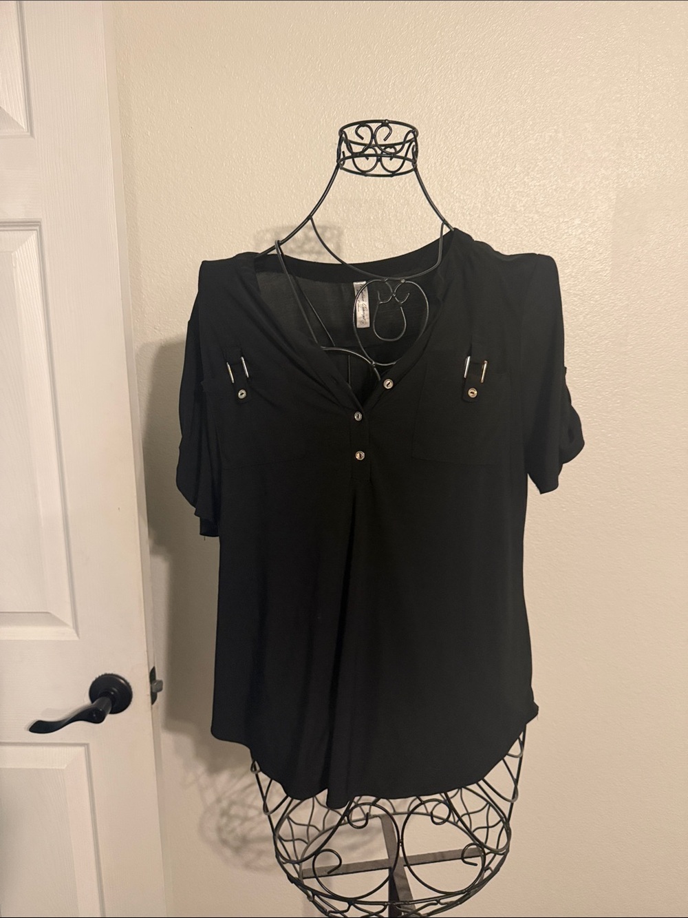 PerSeption Concept Black Short-Sleeve Button Detail Blouse